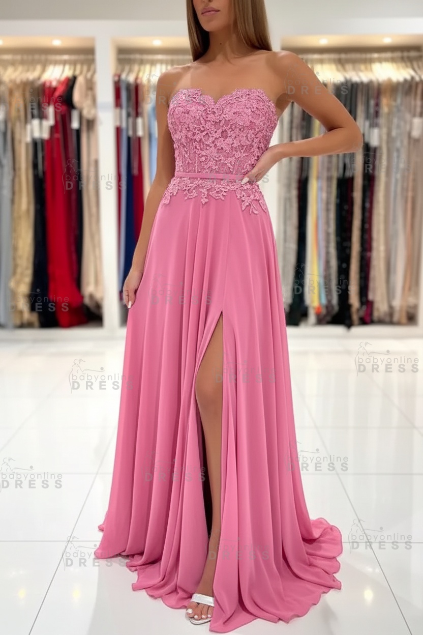 Sweetheart Strapless A-Line Chiffon Floor Length High Split Prom Dress