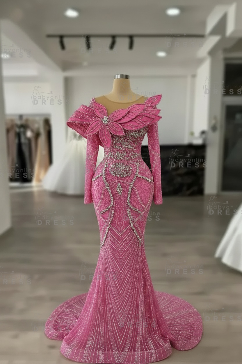 Luxury Crystals Long Sleeves Floor-Length Mermaid Prom Dress with Flowers 