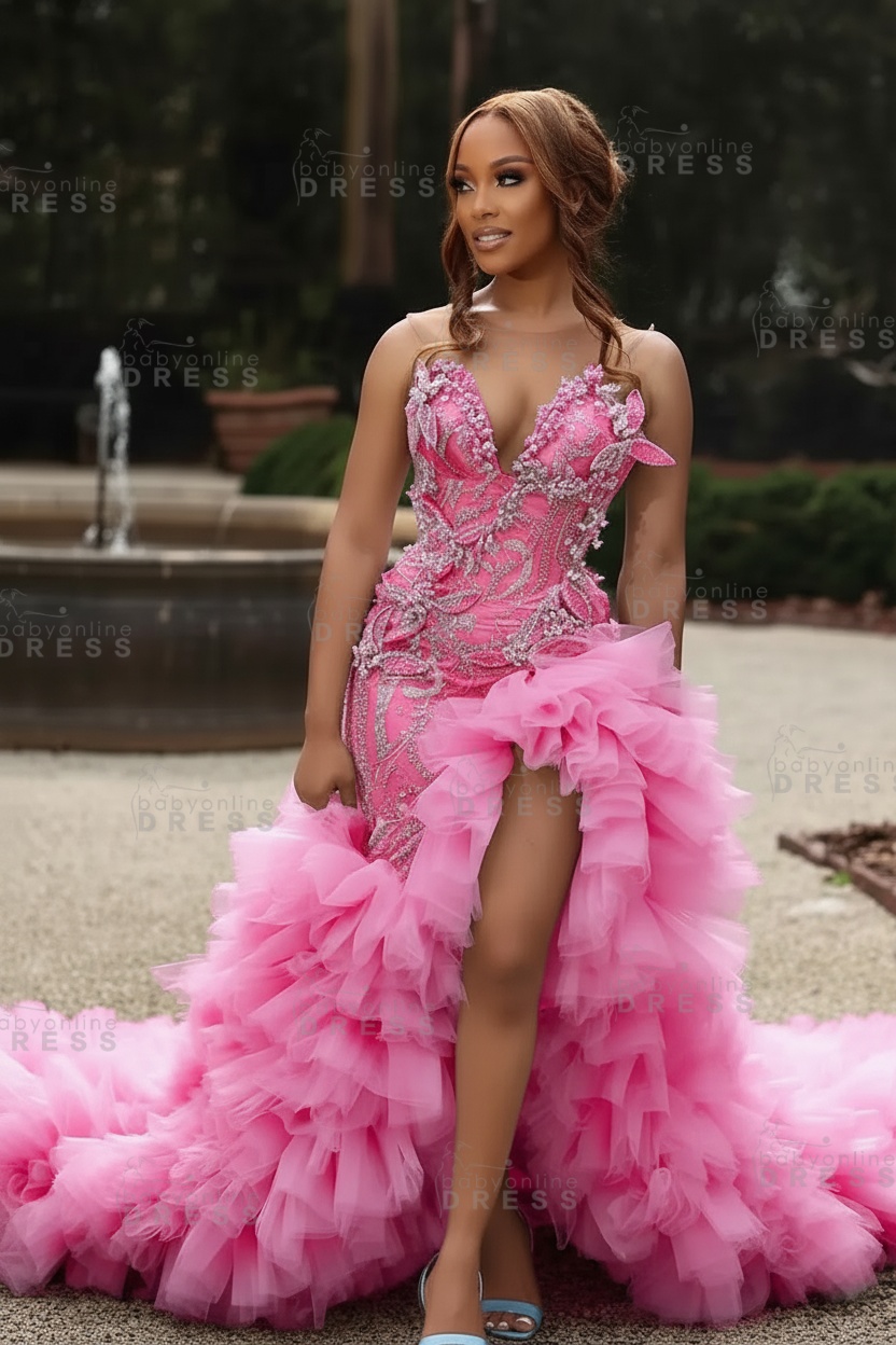 Gorgeous Pink Sweetheart Beadings Sleeveless Mermaid Prom Dress with Ruffles