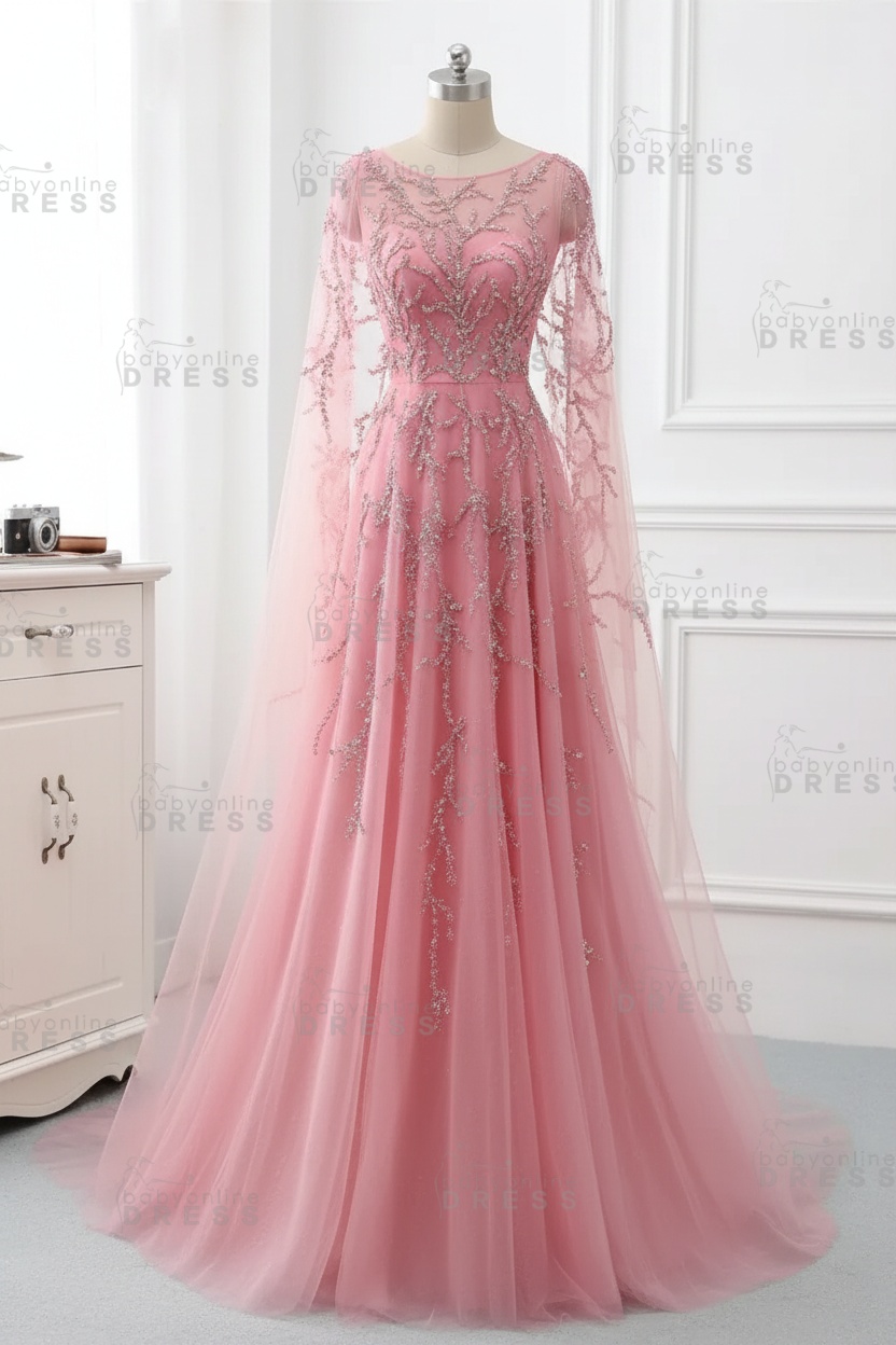 Elegant Jewel Long Sleeves Ruffle Prom Dresses with Beadings Online