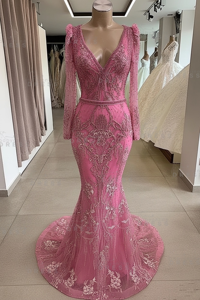 Gorgeous Mermaid Lace Beading V Neck Long Sleeves Prom Dresses | Evening Gowns With Beading Waistband