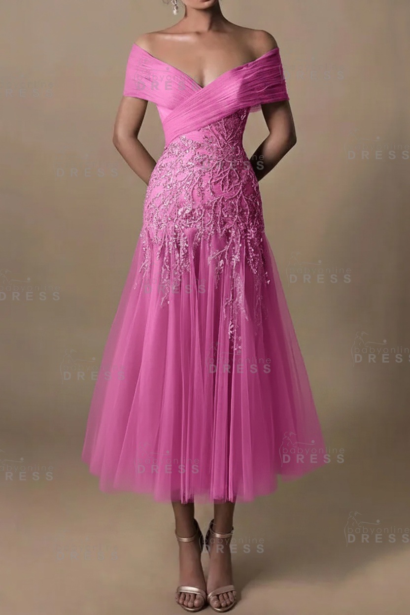 Champagne V-Neck A-Line Tea Length Prom Dress Tulle Mother of the Bride Dress