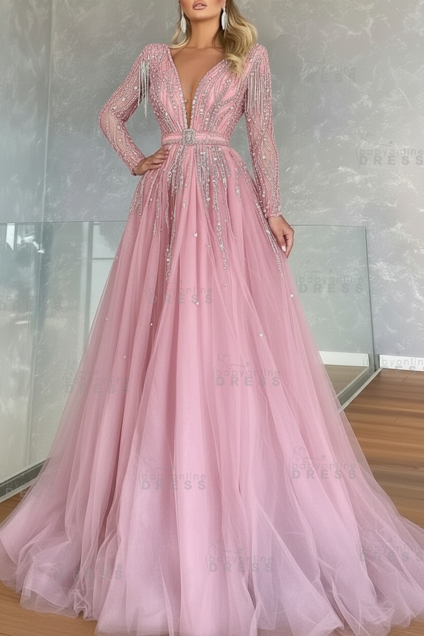 Long Sleeves V-neck Ball Gown A-line Prom Dress with Beadings