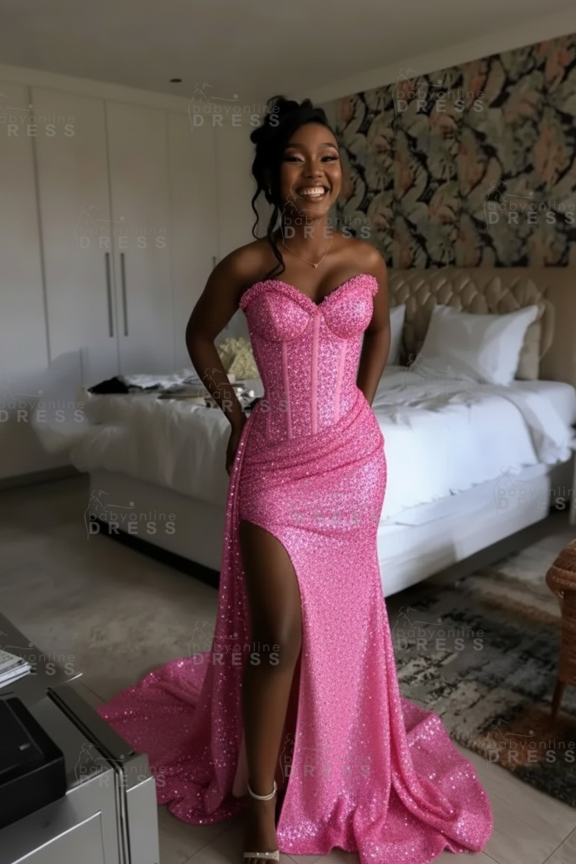 Sexy Orange Mermaid Prom Dress with Sequins High Split Strapless Long Party Dress