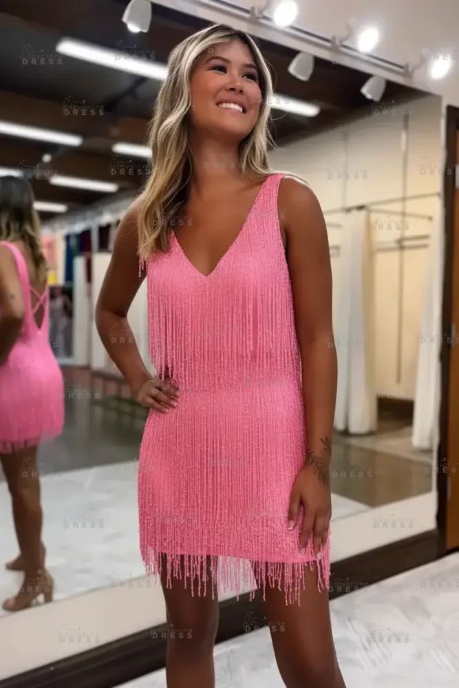 White V-Neck Backless Short Homecoming Dress with Tassels