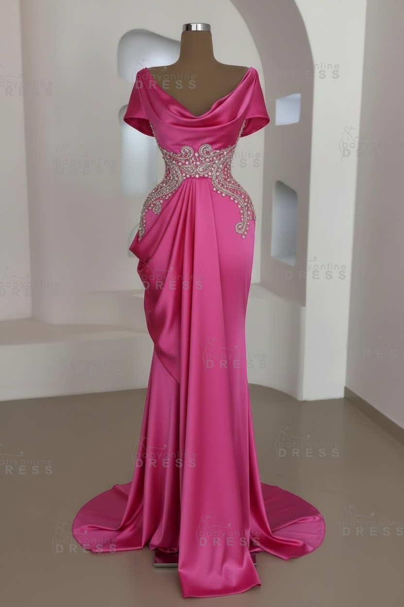 Short sleeves Mermaid Round neck Gray Prom Dresses