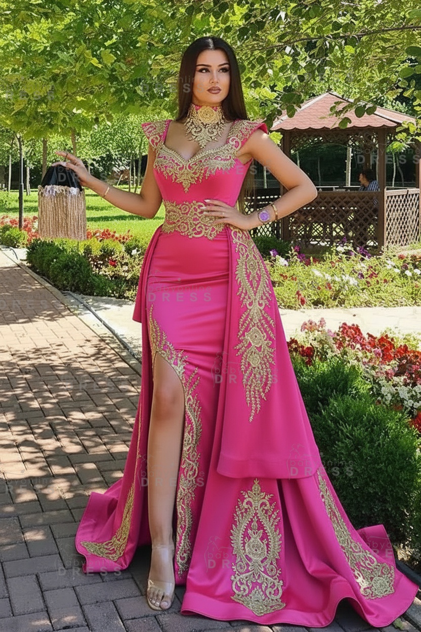 Dark Green Velvet Mermaid Evening Dress with Gold Lace appliques