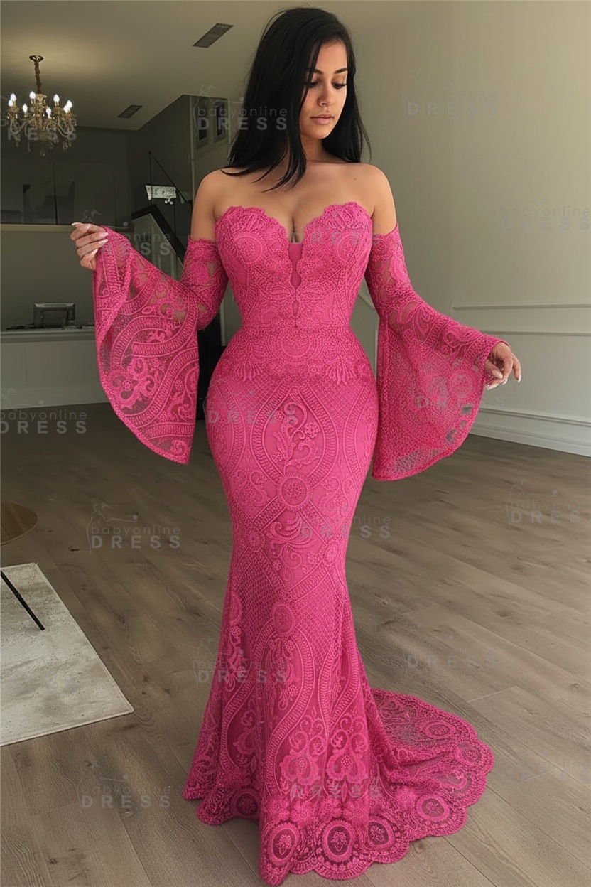 Off-the-Shoulder Long Sleeves Lace Floor-Length Mermaid Evening Dress