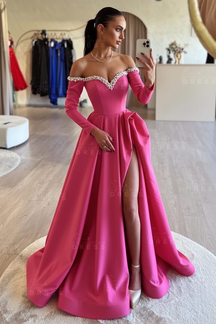 Long sleeves Pearls A-line Princess Front Split Black Prom Dresses