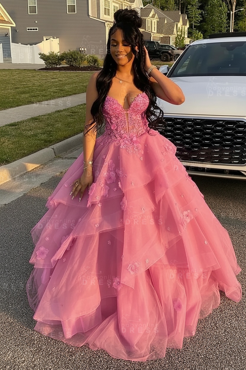Sleeveless V-Neck Tulle Aline Prom Dress Floral Tiered Ruffles Corset Evening Dress