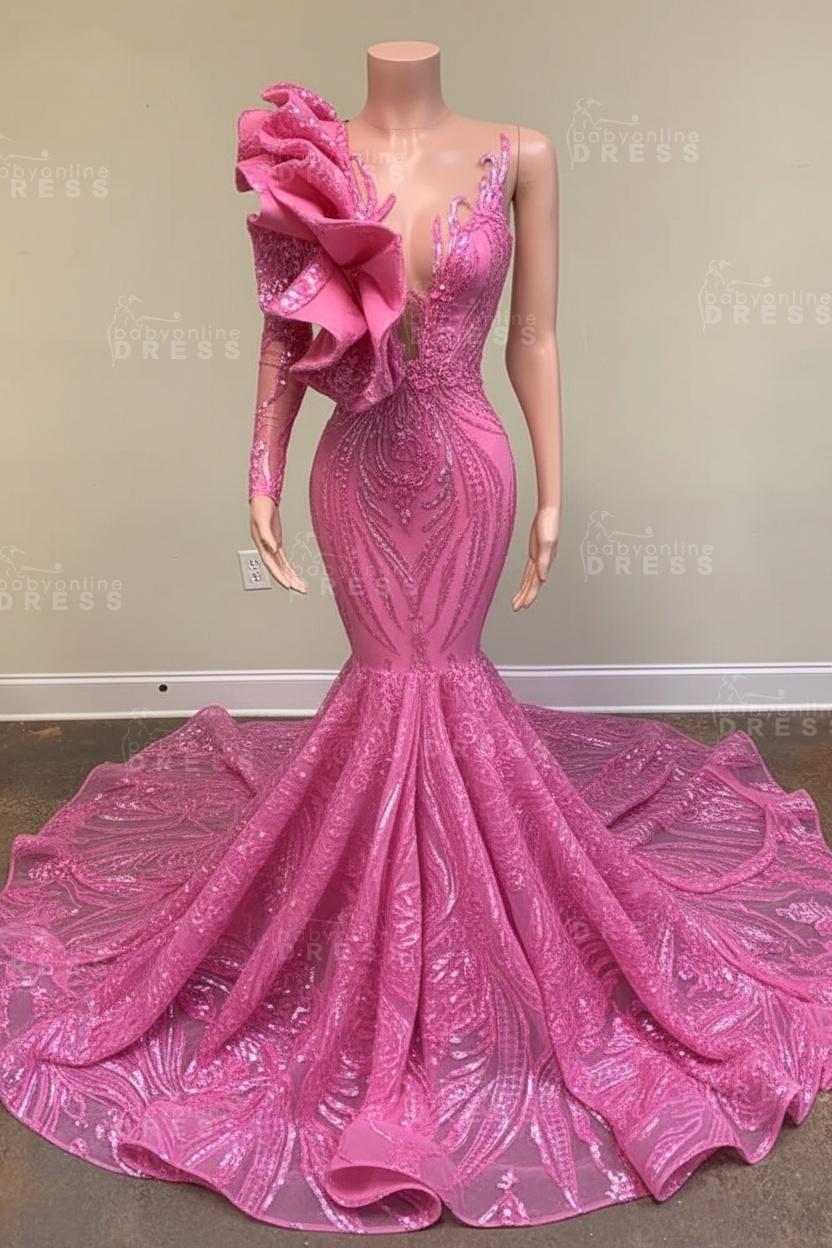 Chic Black Long Sleeve Asymmetrical Floor Length Mermaid Prom Dress