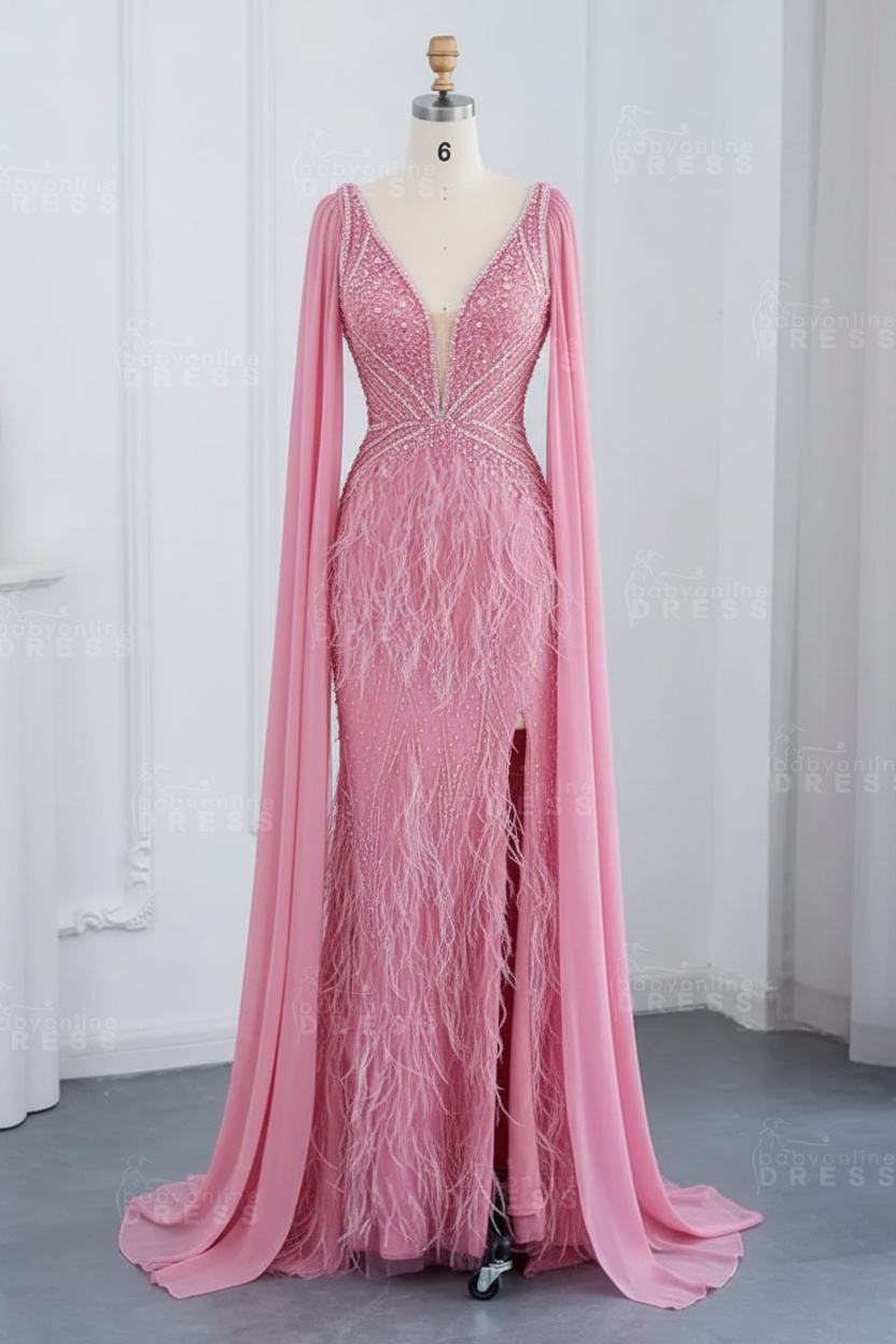 Glamorous V-Neck Fur Beadings Front Slit Mermaid Evening Gowns with Tulle with Cape Sleeves Wedding Party Dress