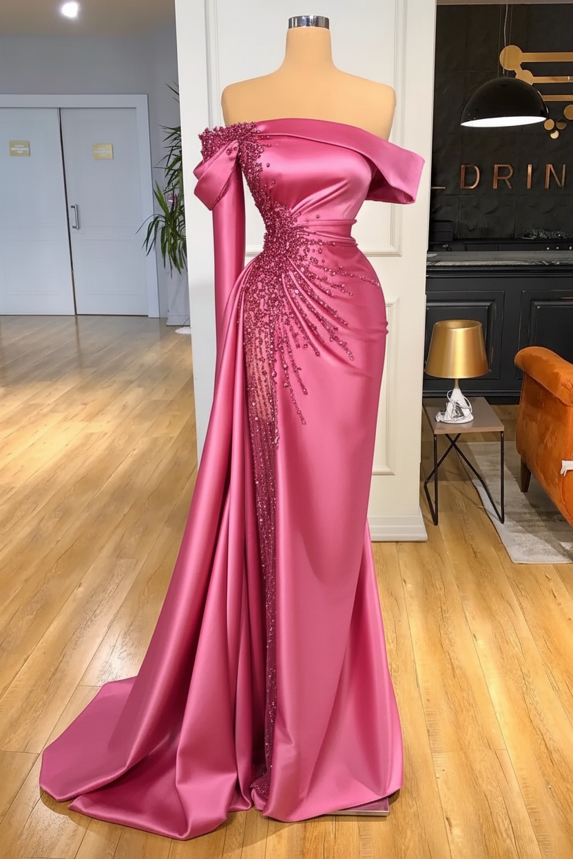 Off-the-Shoulder Satin Floor Length Prom Dress with Side Slit