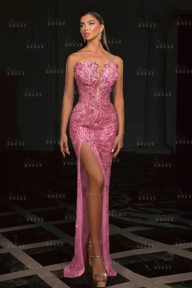 Gold Strapless Sequins Beading Split Front Column Prom Dresses