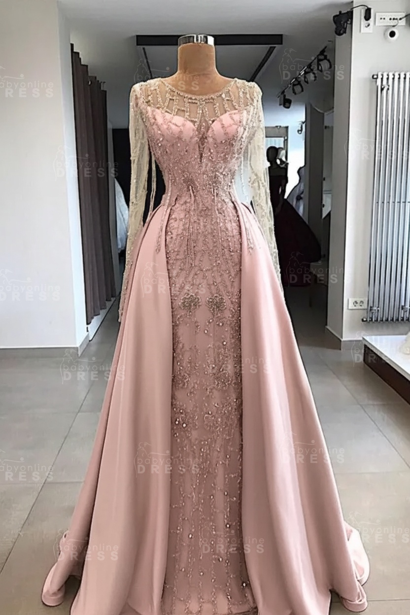 Shining Beaded Long Sleeves Round Neck Prom Dresses With Over Skirt | A Line Evening Gowns