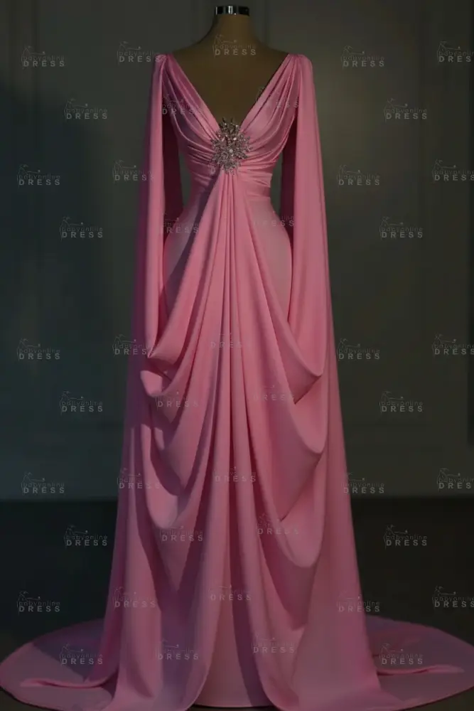 Long sleeves V-neck Satin Ruffles Mermaid Prom Dresses Floor-Length