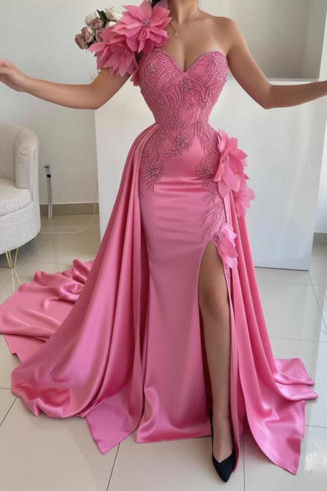 Flowers One shoulder Mermaid Long Prom Dresses with High Split
