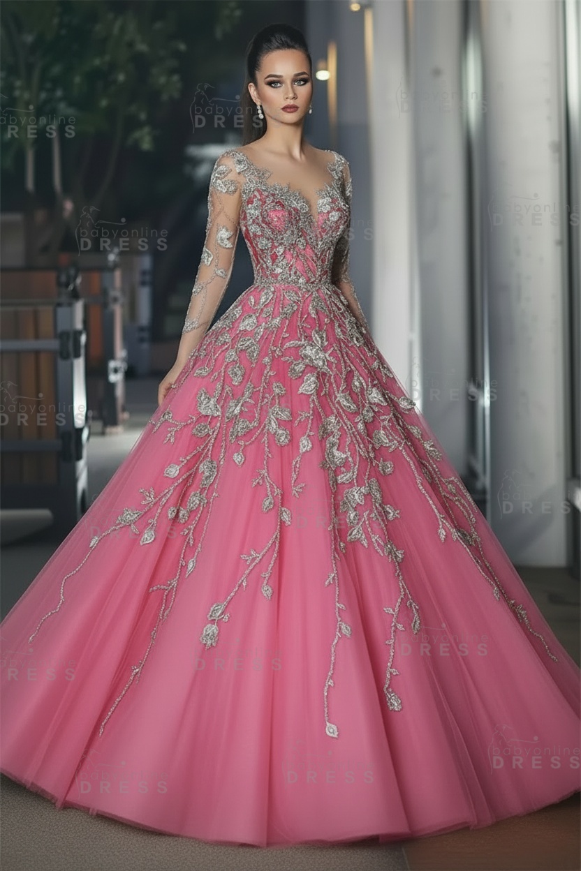 Stunning Illusion Long Sleeve Sexy Evening Gowns | A-line Lace Appliques Tulle Prom Dress