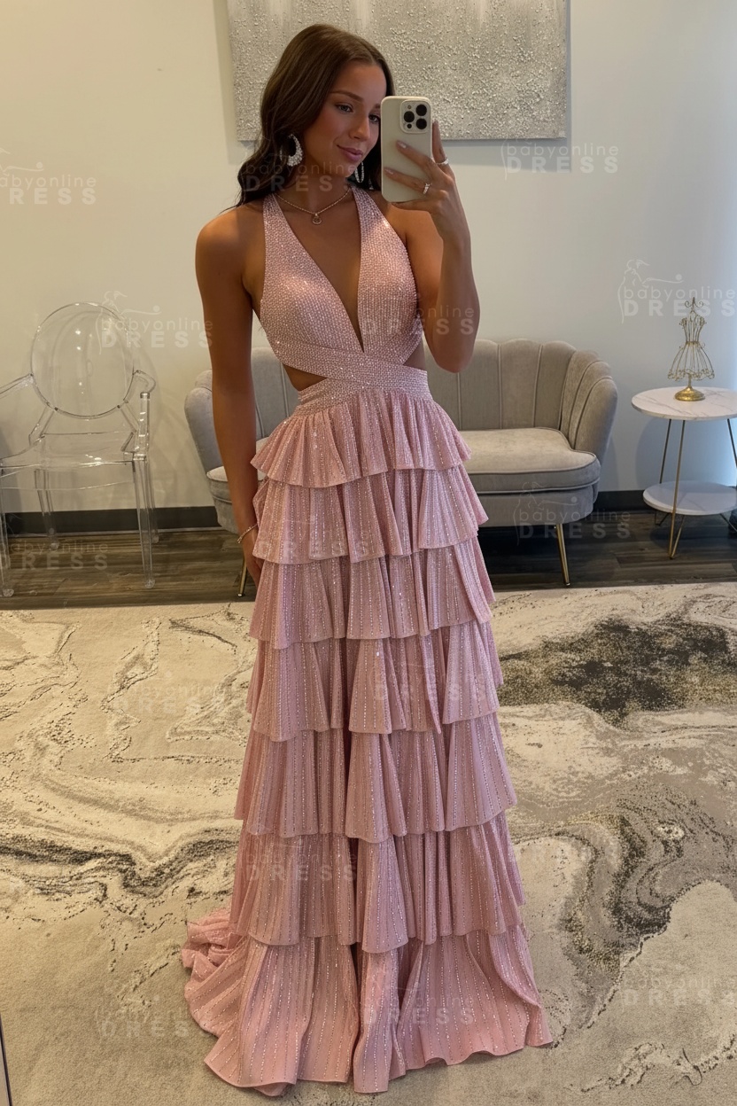 Halter Aline Prom Dress Sequined V-Neck High Split Evening Dress Long