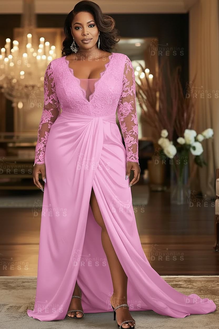 V-neck Appliques Lace Long Sleeve A-Line Prom Dresses with Slit