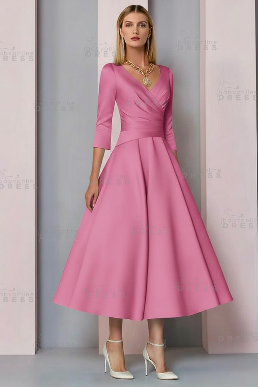 Half Sleeves White Ankle Length Mother of the Bride Dress V-Neck Satin Wedding Guest Dress