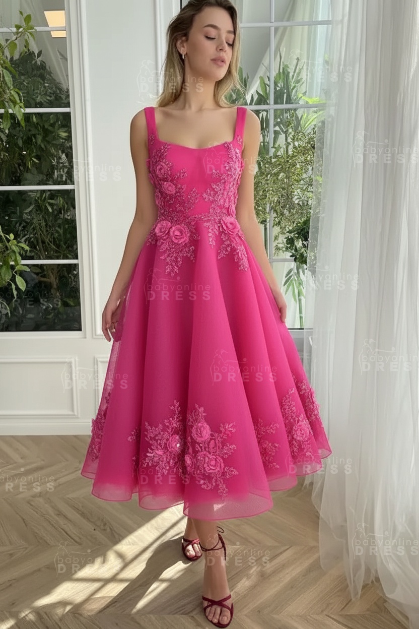Burgundy Ankle length square neck Homecoming Dress Tulle Aline Formal Dress