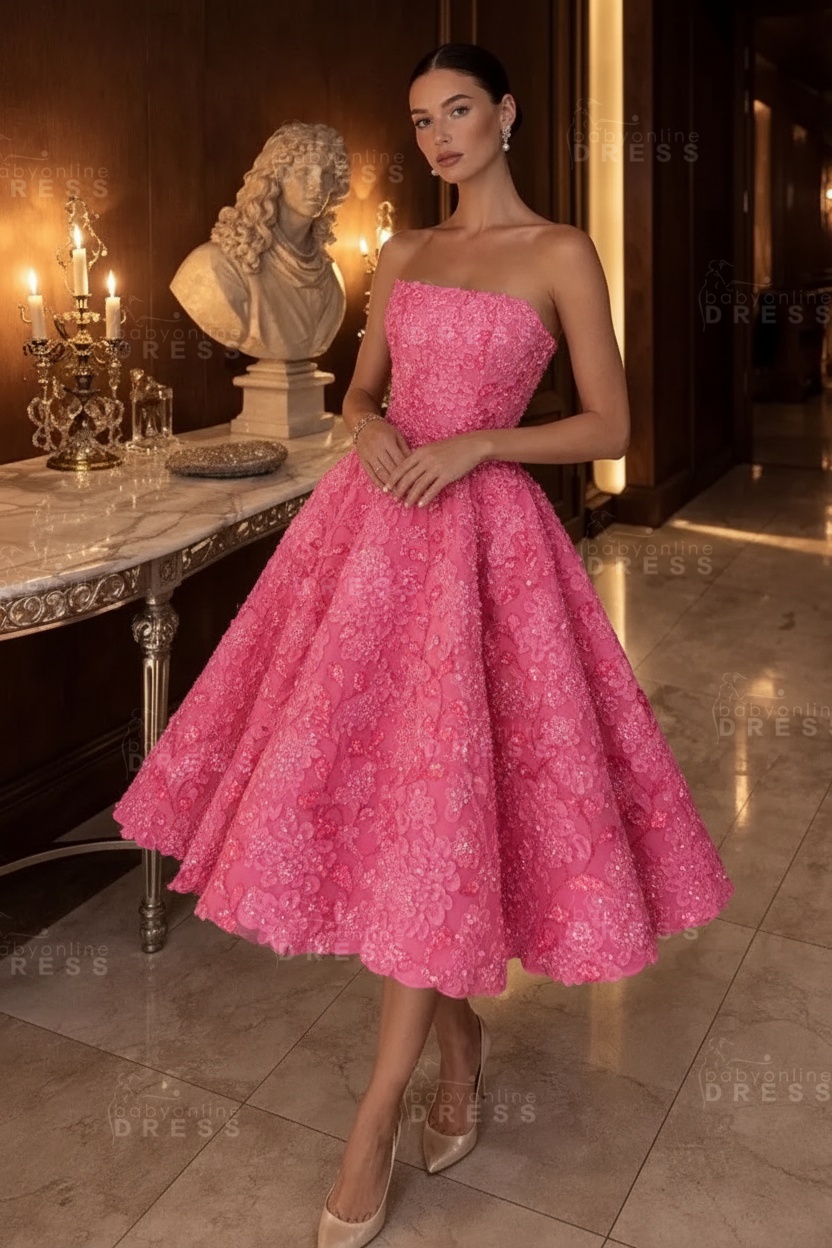 Strapless Yellow Floral A-Line Tea Length Prom Dress with Beadings