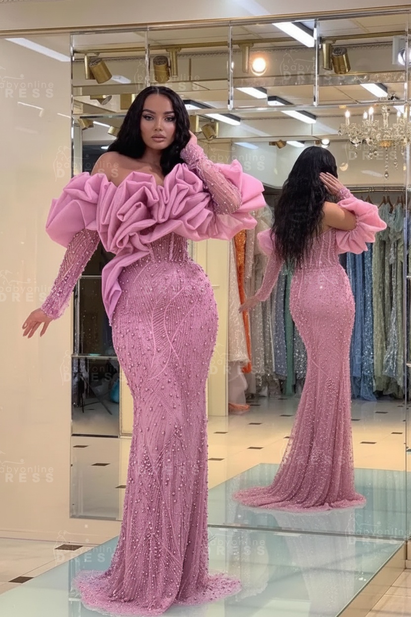 Bubble Sleeves Long Mermaid Prom Dress with Sequins and Beadings
