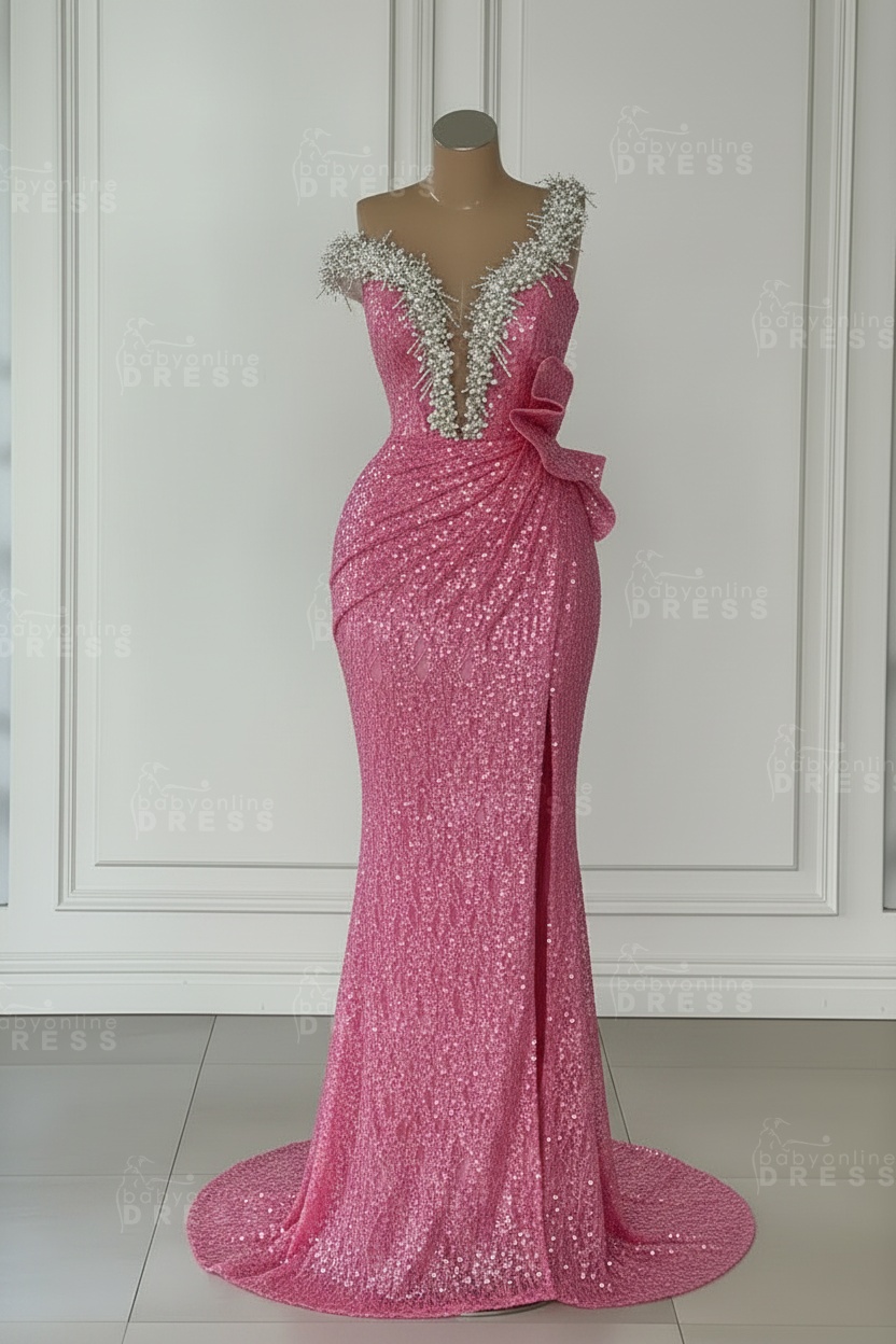 One Shoulder Sequins Sleeveless Long Mermaid Prom Dress