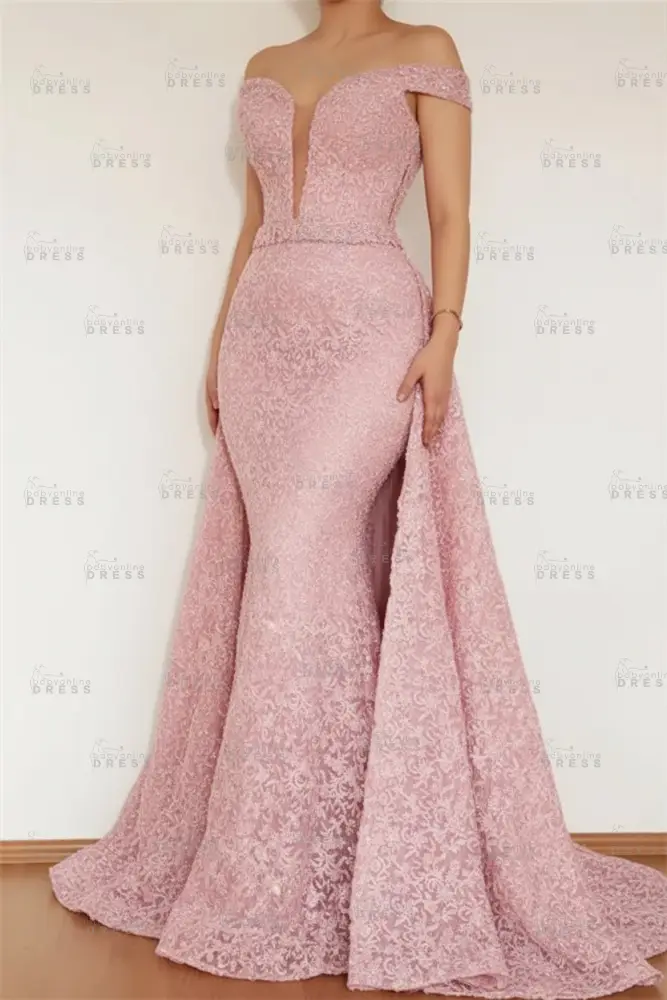 Burgundy Glamorous Mermaid Off The Shoulder Lace Appliques Prom Dress With Detachable Skirt