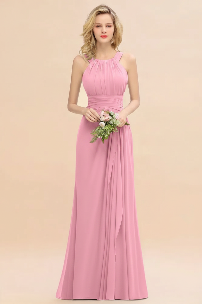 candy pink halter chiffon floor length bridesmaid dress