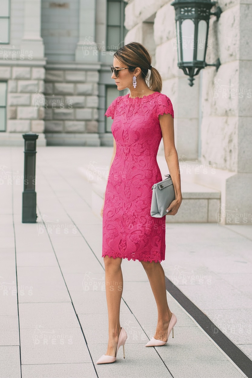 Lace Blush Pink Formal Dresses Knee Length Wedding Party Dress Prom Dress