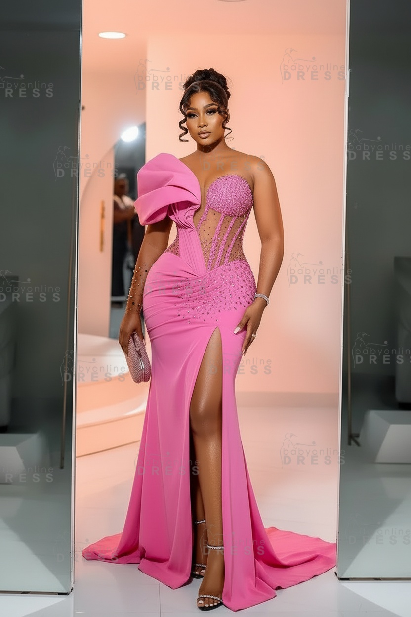 One-Shoulder Long Sleeves Corset Beadings Mermaid Prom Dress with High Split