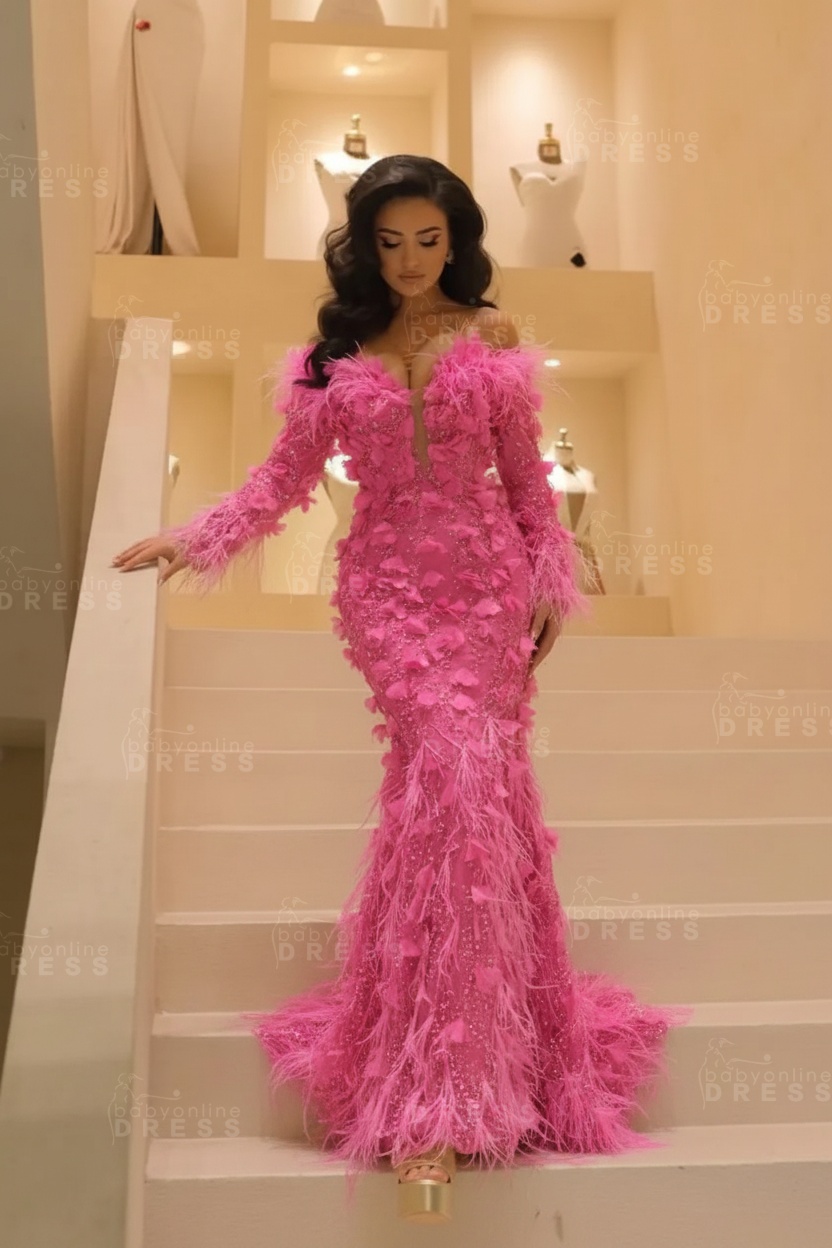 V-neck Long Sleeves Mermaid Evening Dresses Floor Length with Flowers