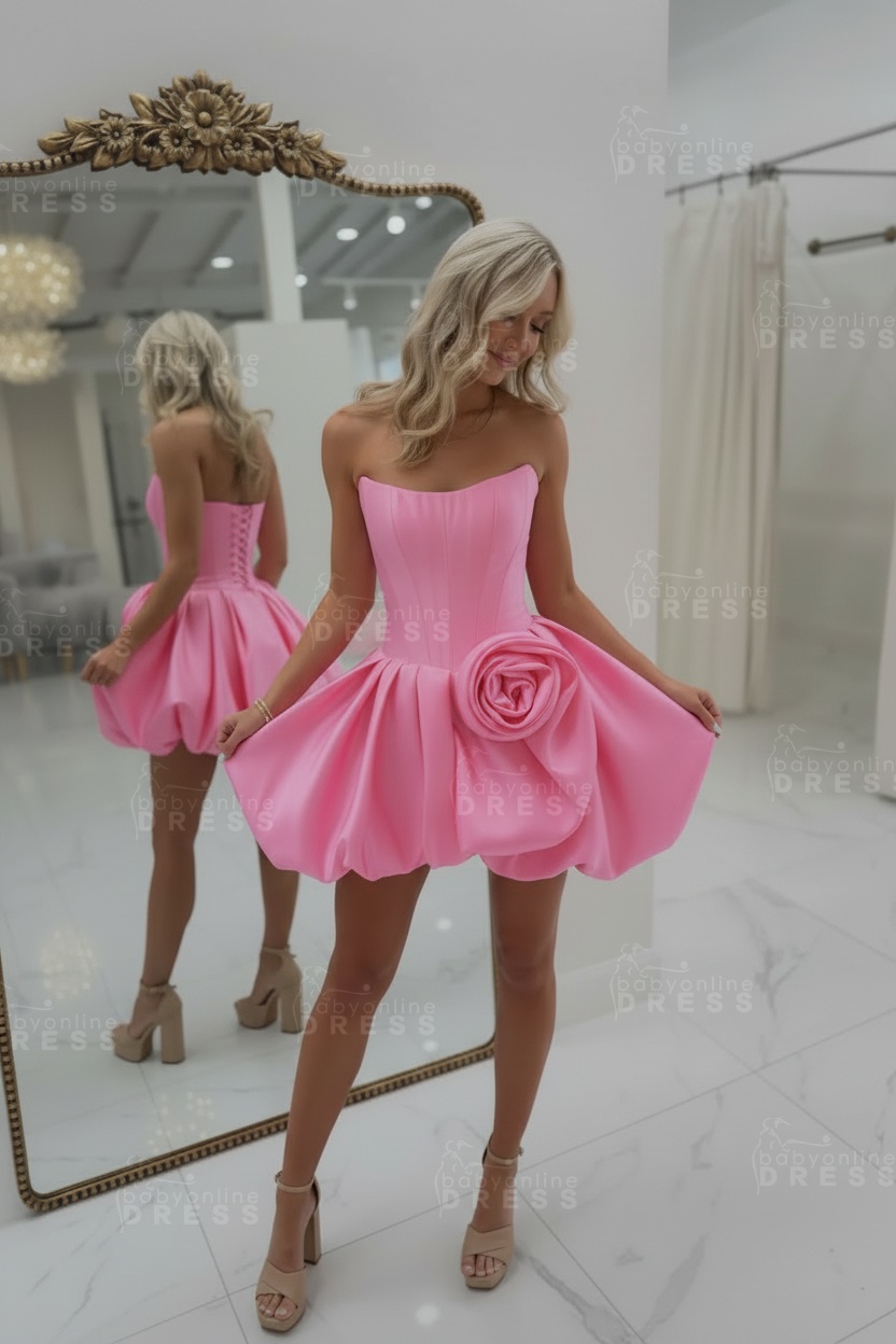 Strapless Satin Corset Short A-Line Homecoming Dress with Flowers