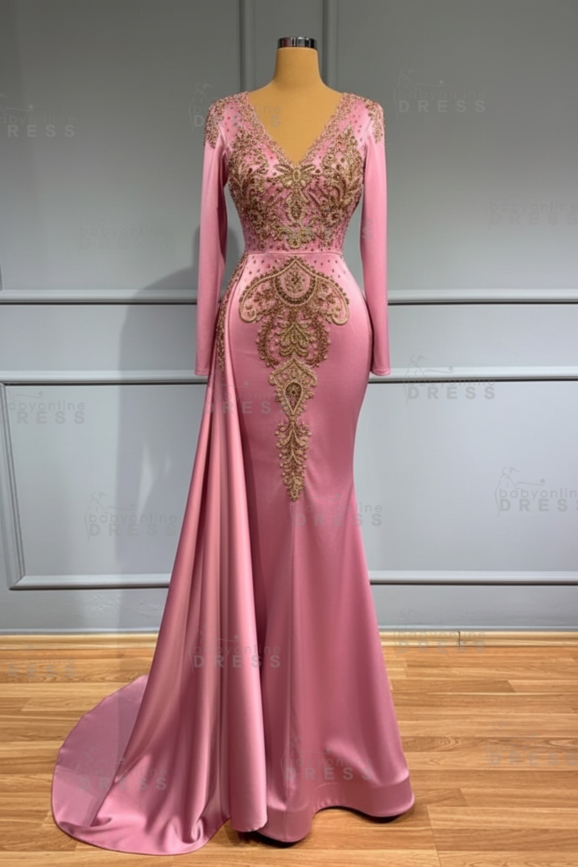 Glamorous V-Neck Long Sleeves Mermaid Prom Dress with Crystals