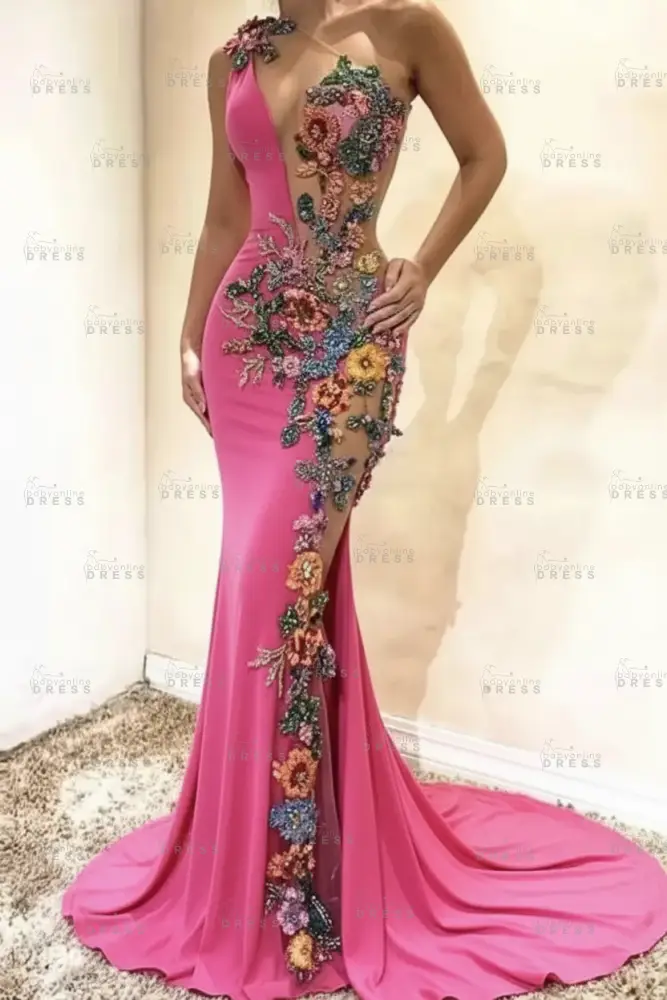 Amazing One-Shoulder Floral Pattern Beadings Floor-Length Mermaid Prom Dress 