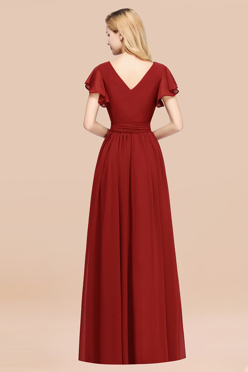 Cap sleeves rust chiffon high split bridesmaid dress