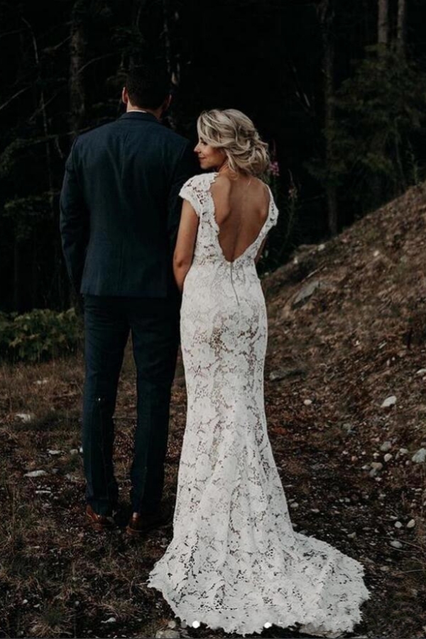 Cap sleeves Sexy Backless Lace Ivory Court Train Boho Wedding Dress