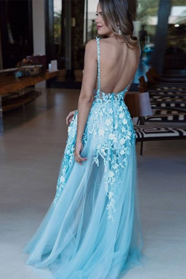 Romantic Sky Blue Deep V-neck A-line See-through Sexy Backless Sleeveless Prom Dress