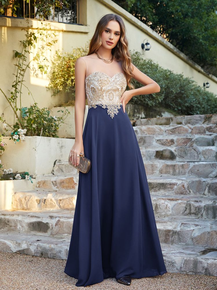 Sleeveless Lace Appliques Long Prom Dresses Chiffon Evening Party Gown