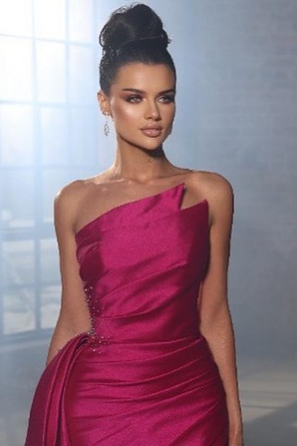 Rose Ruched Satin Side Split Evening Dress Strapless Long Prom Dress