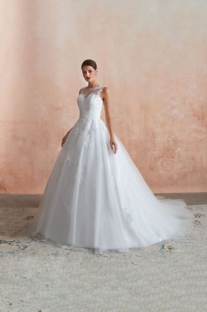 Cain | Illusion Neck White Wedding Dress with exqusite Lace Appliques, Sleeveless V-back Bridal Gowns Online-Babyonlinewholesale