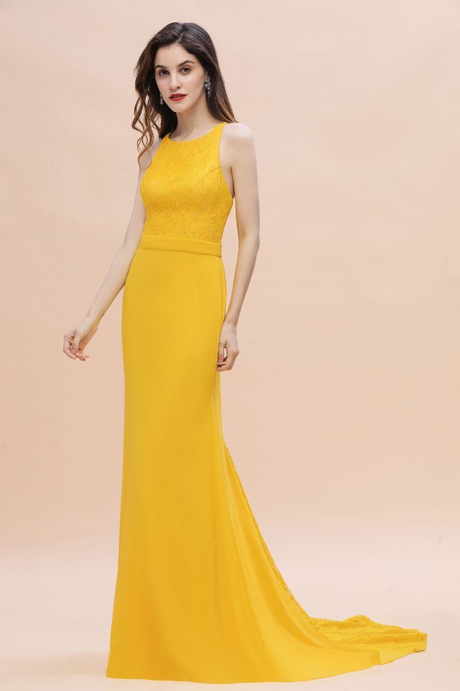Bright Yellow Jewel Neck Mermaid Bridesmaid Dress Sleeveless Long Wedding Guest Dress