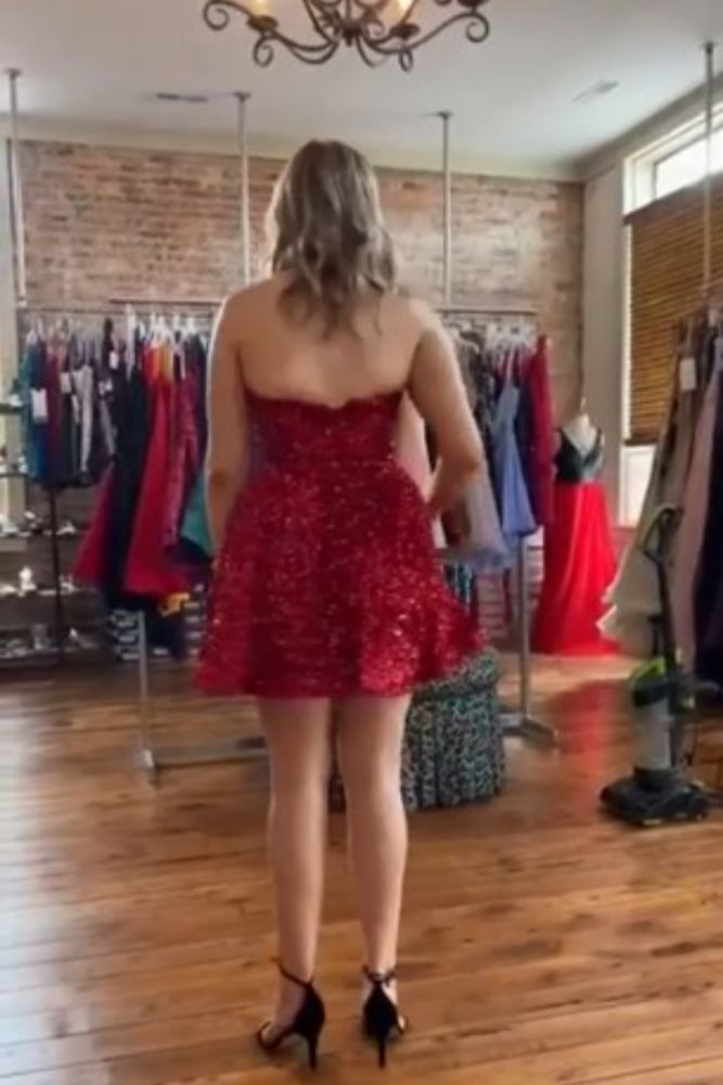 Sexy Red Short Strapless Sweetheart Sequined A-Line Prom Dresses
