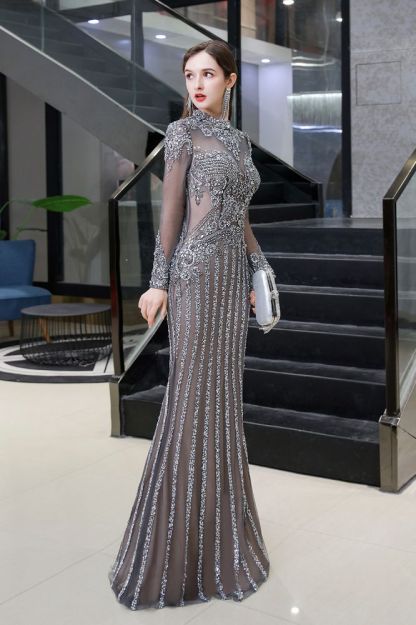 Luxury Sparkle Cap sleeves High neck Beads Long Prom Dresses