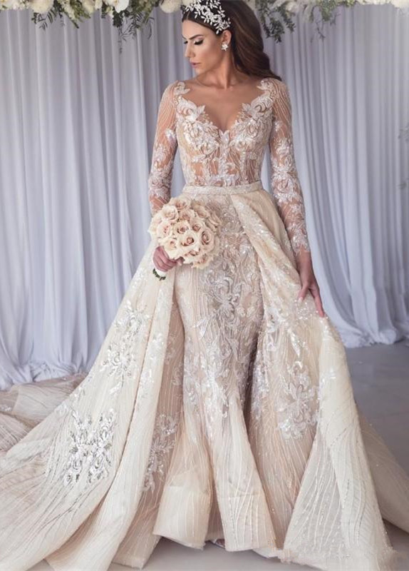 Sexy Long Sleeve Lace Mermaid Overskirt Wedding Dress Bridal Gowns BC1390