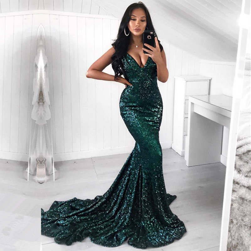 Green Sequins Prom Dress | Mermaid Evening Party Dress