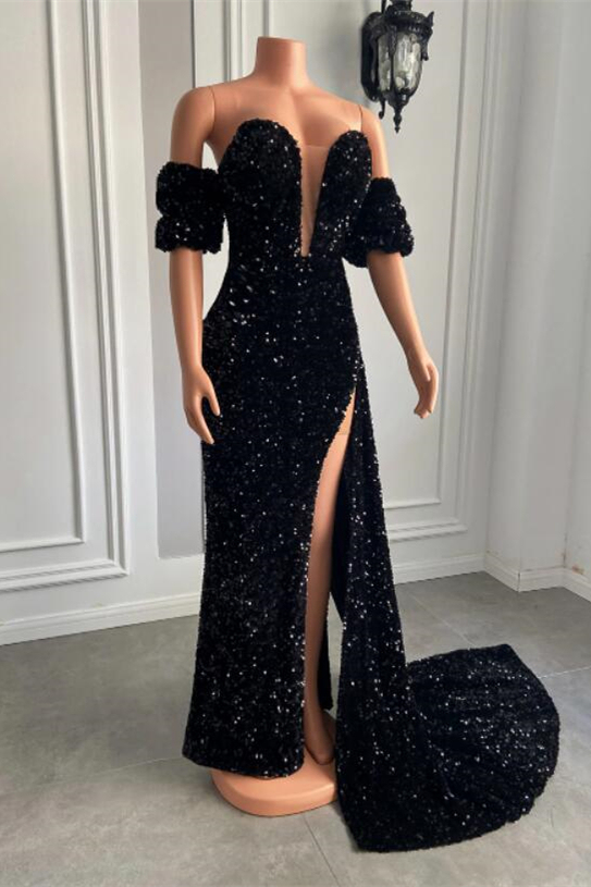 Off the shoulder Black Mermaid High Split Prom Dresses