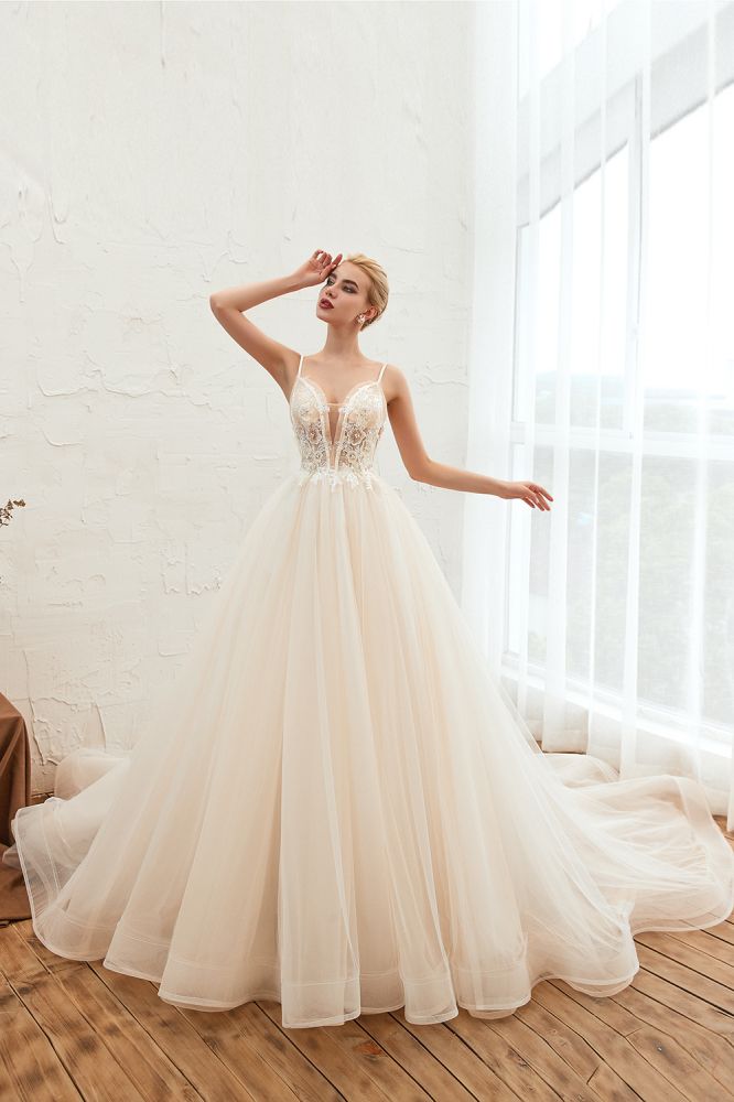 Boho Spaghetti Straps Ivory Ball Gown Wedding Dress | Romantic Bridal Gowns for Sale